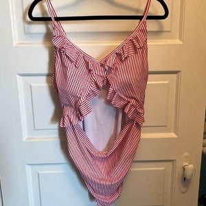 NWOT MATERNITY red and white stripe keyhole swimsuit